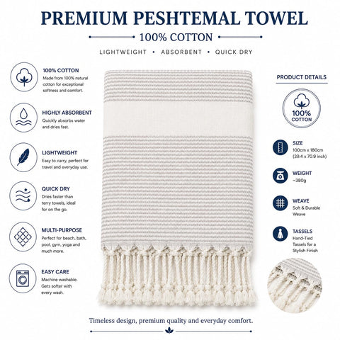 Babila Turkish Hammam Peshtemal Towel | Lightweight & Quick-Drying & Absorbent | Turkish Travel, Spa & Beach Towel | Soft, Compact & Versatile