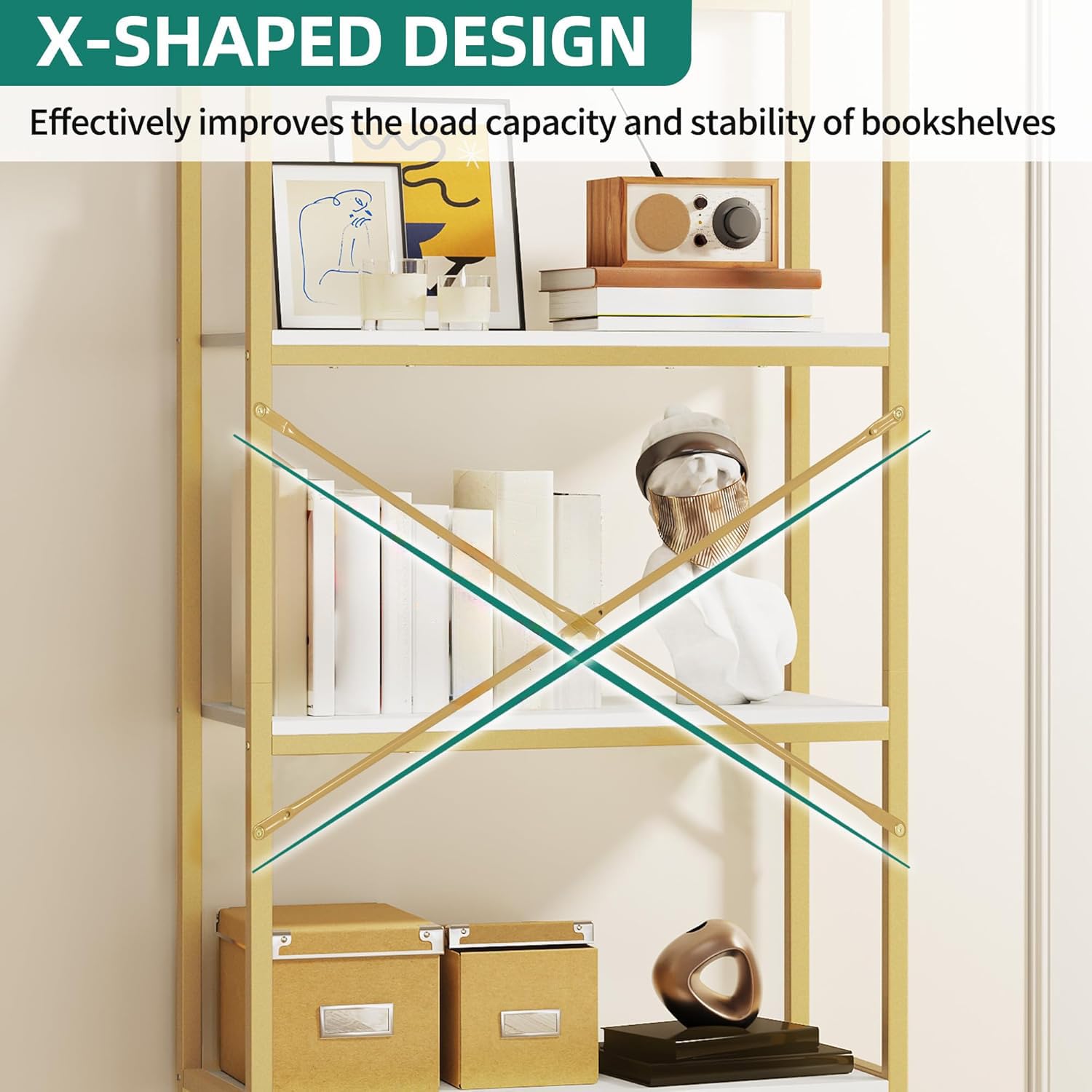 YITAHOME 4 Tier Arch Bookcase, Domed Freestanding Storage Shelf for Living Room, Bedroom, Study, White & Gold, 60x30x181.4 CM