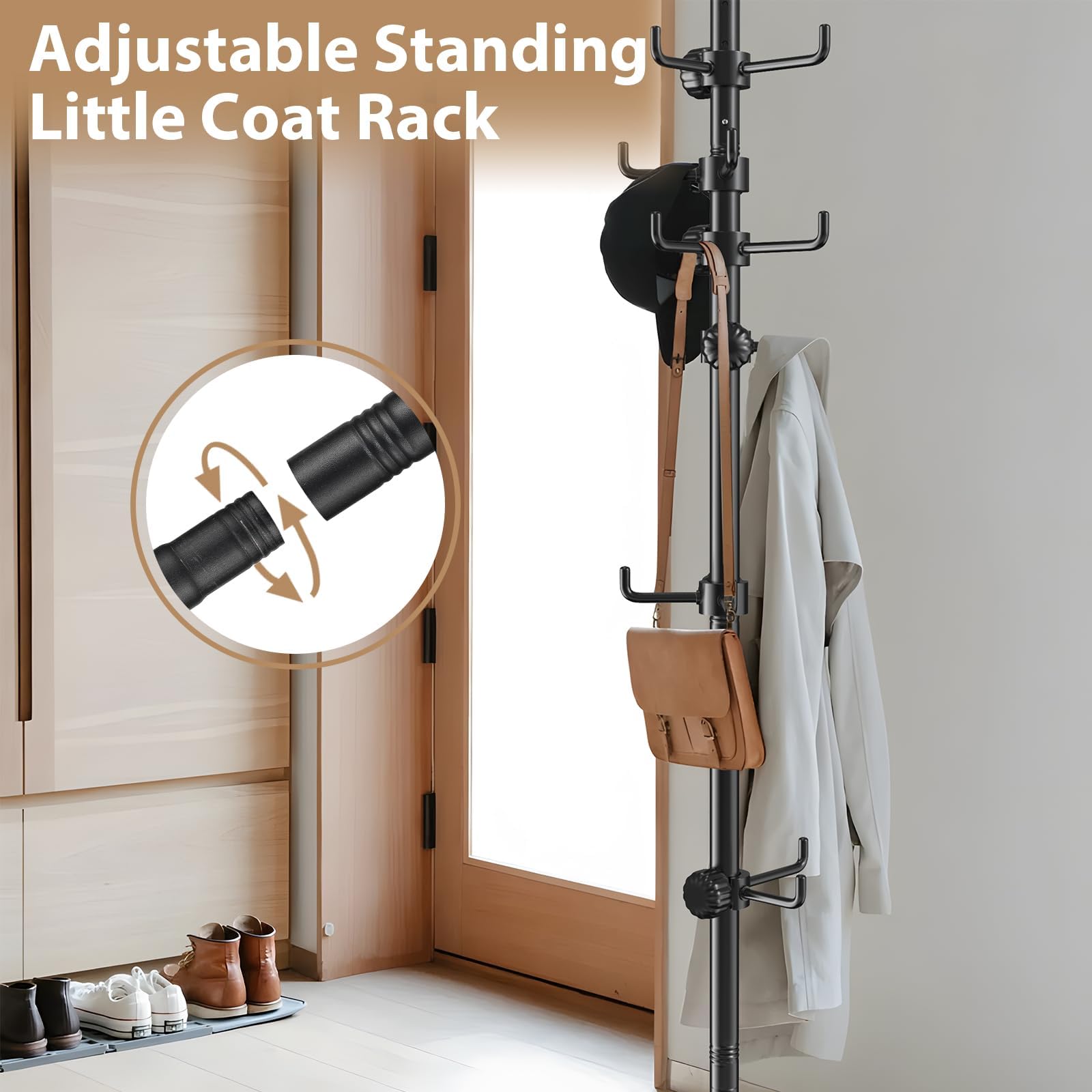 DAKEPOLE Freestanding Coat Stand, Coat Rack Adjustable Tension Pole 140-310cm with 12 Hooks for Coats, Jackets, Hats