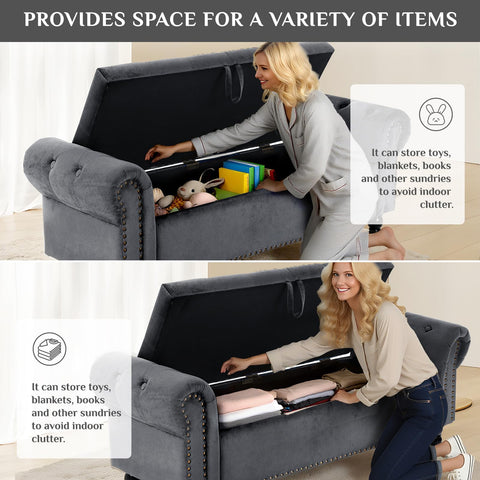 Clevich Ottoman Storage Bench, Velvet End of Bed Storage Box with Lid, Sturdy Wood Legs Footrest, 168KG Load Capacity