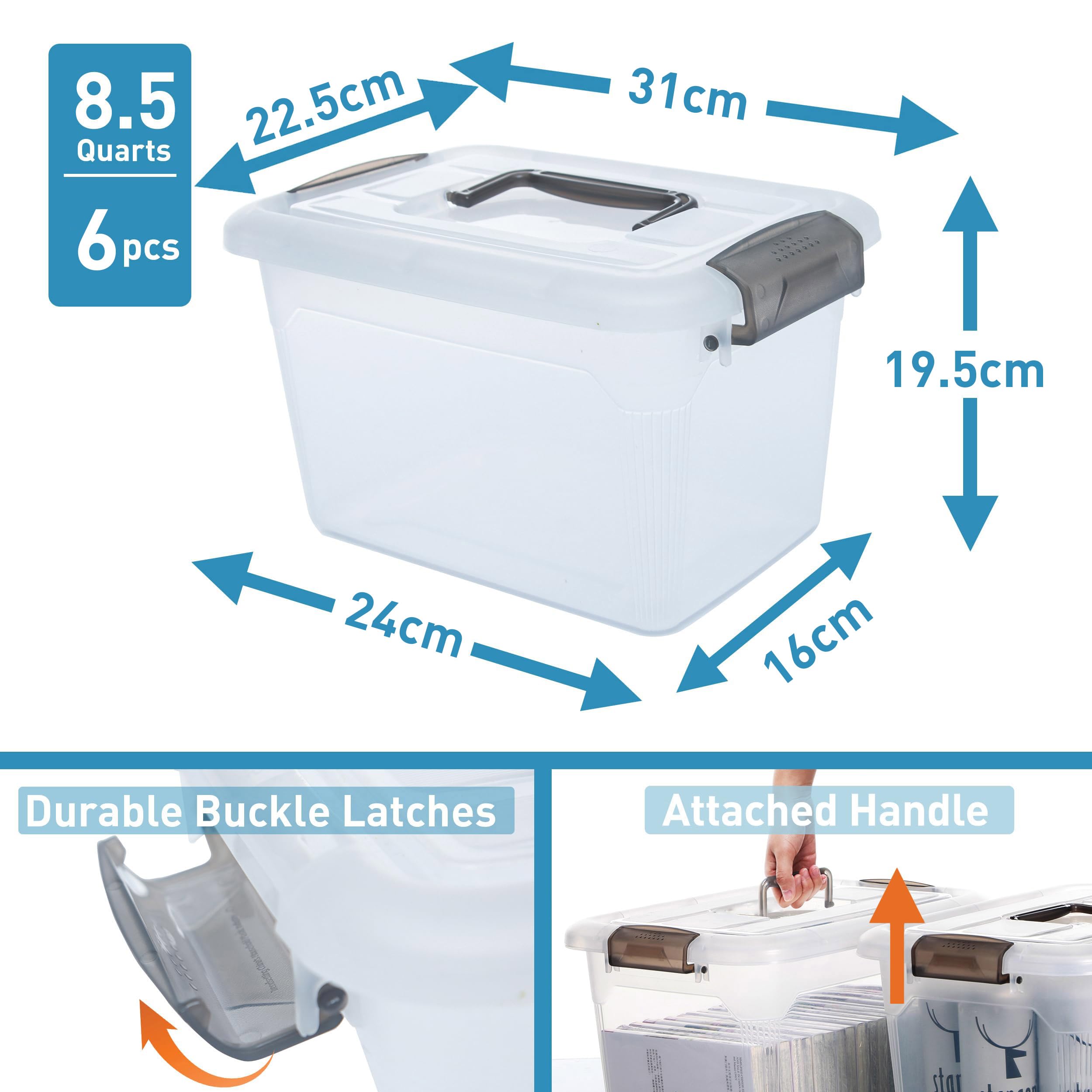 Citylife 4 Packs 8L Storage Boxes with Lids Clear Plastic Box with Handle Stackable Storage Boxes with Lids, 31 * 22.5 * 19.5cm