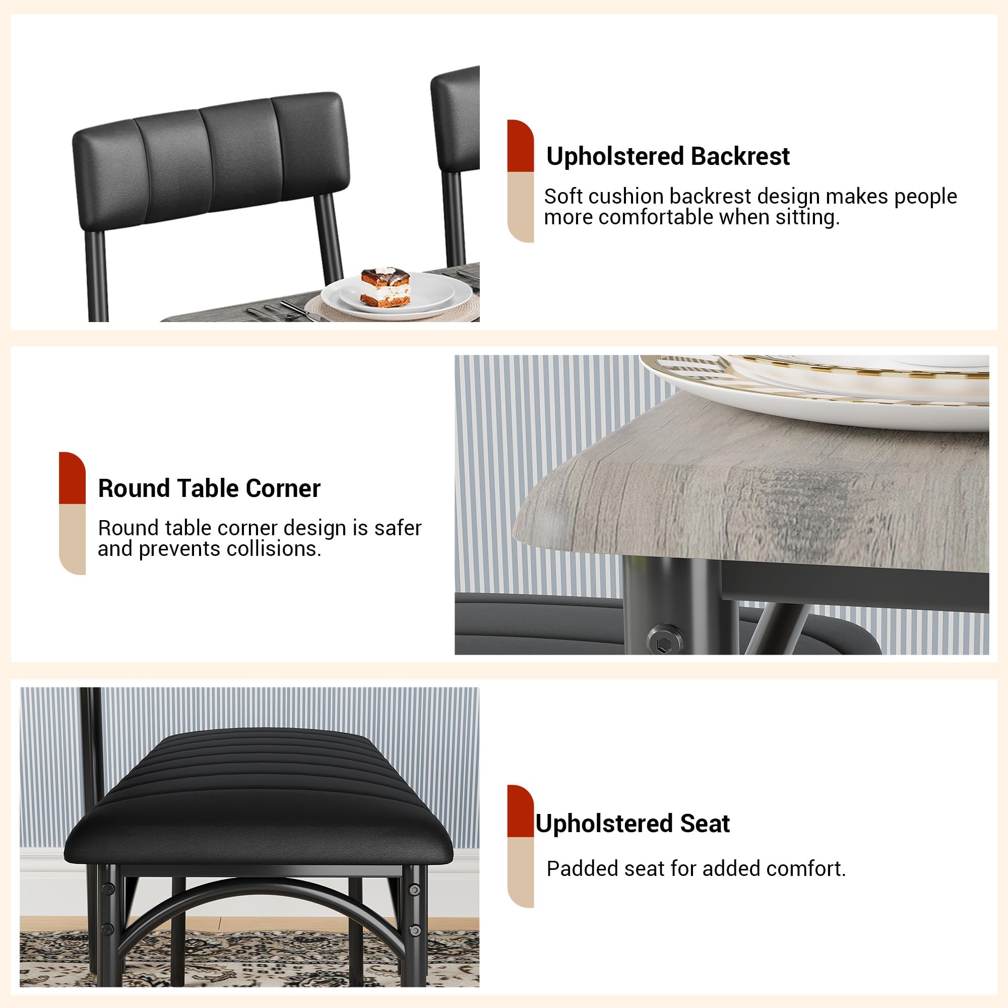 CuteHairy Dining Table Set for 4 – Wooden Table with Upholstered Bench & 2 Chairs, Compact Dining Table Set for Apartments
