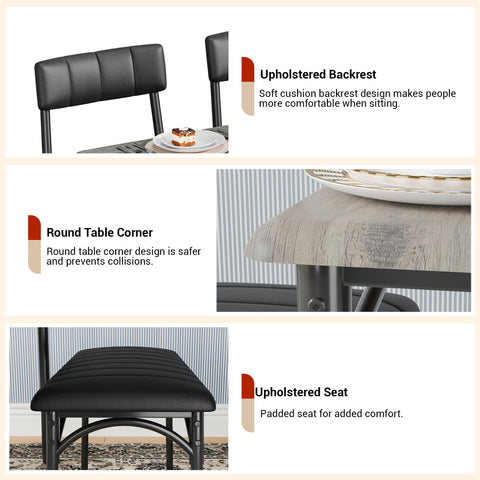 CuteHairy Dining Table Set for 4 – Wooden Table with Upholstered Bench & 2 Chairs, Compact Dining Table Set for Apartments