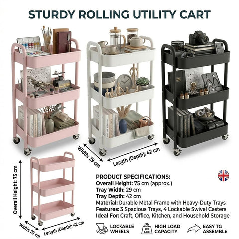 BSTHOK Storage Rolling Cart Trolley Metal Mobile Shelving Organiser with 360° Swivel Wheels for Kitchen, Bedroom
