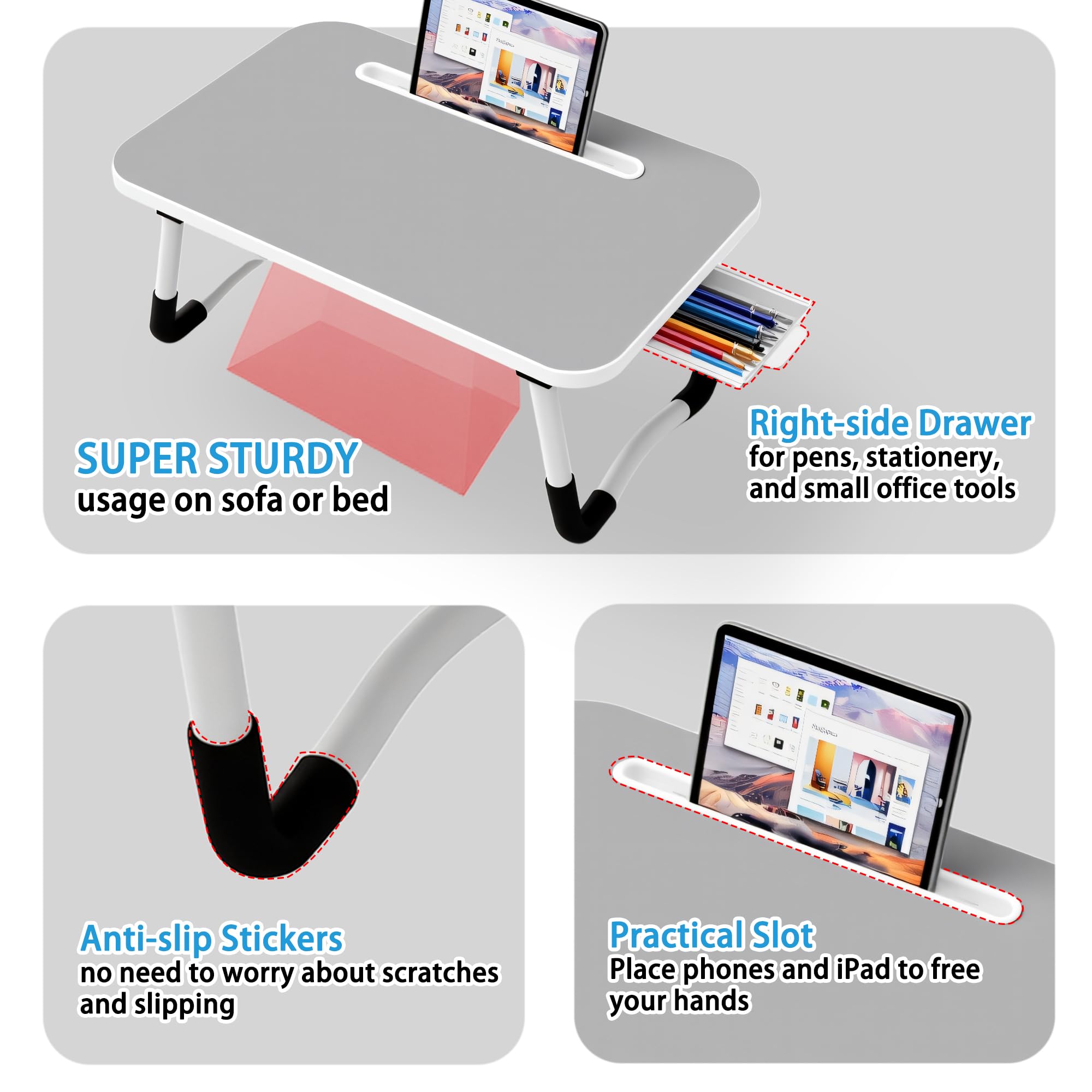 Laptop Bed Desk - Small Lap Desk 48 x30 cm for Breakfast in Bed, Study, Office Work, Gaming, Writing & Reading,Tray Table for Sofa, Couch