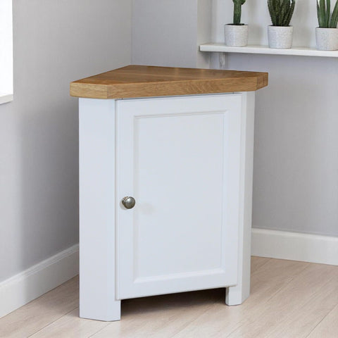 GROF Furniture Chunky Corner Unit, All White Painted Storage Cuboard, Triangle Unit Oak Top fit well in Livingroom, Bathroom & Hallway