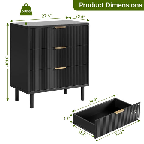 Chest of Drawers, Fluted Dresser for Bedroom with 3 Drawers, Metal Legs & Handles