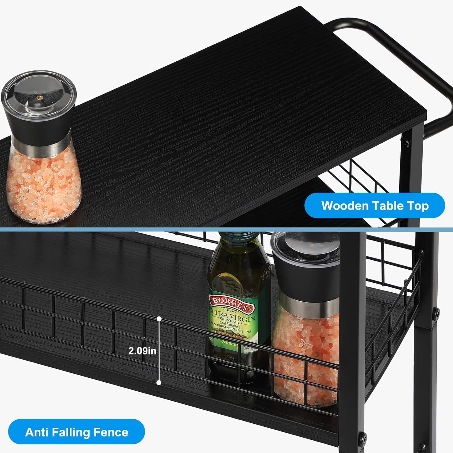 CADUKE Slim Storage Cart Kitchen Rolling Utility Cart on Wheels 4 Tier Mobile Narrow Cart with Wood and Metal Handle Slide Out Storage Shelving Unit