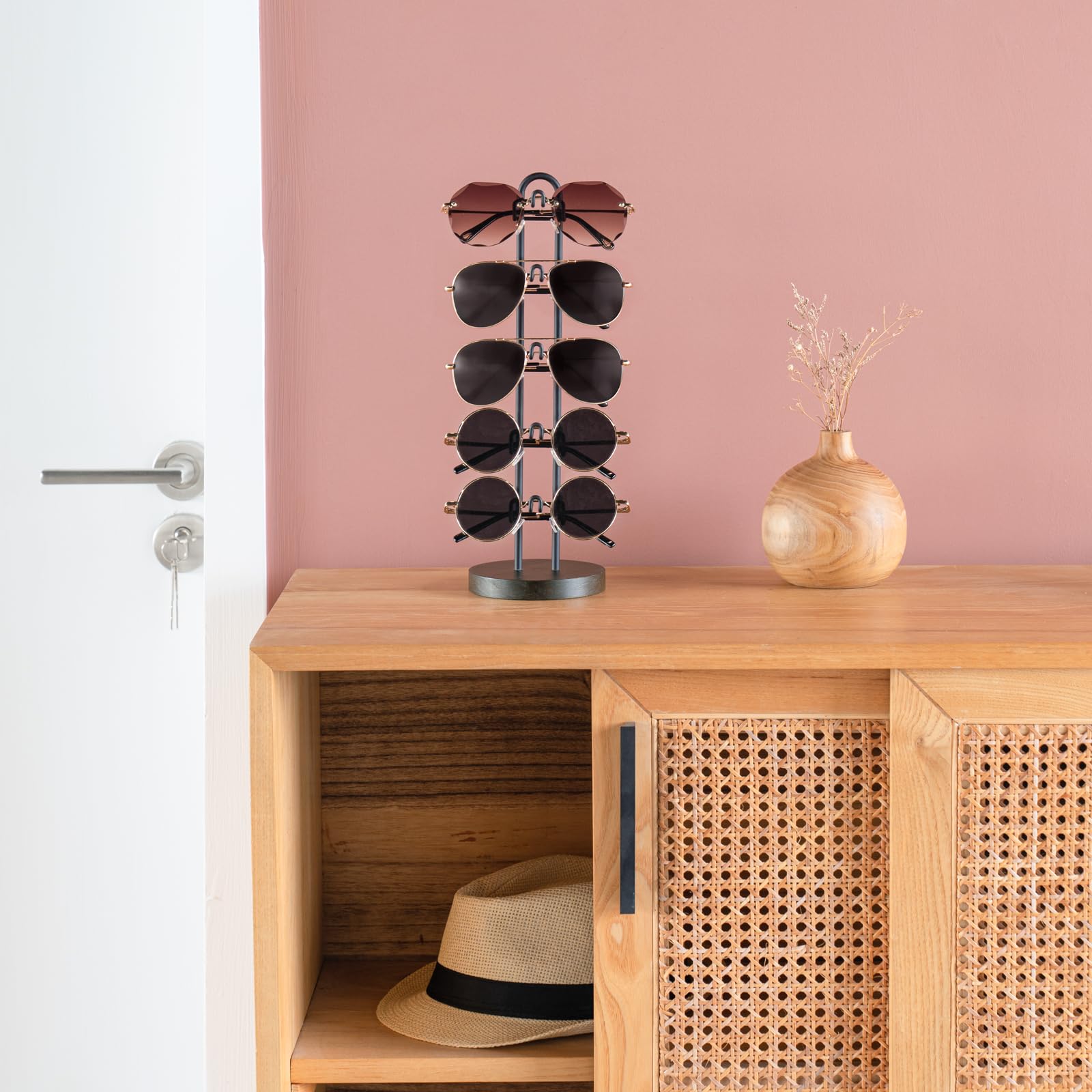 Mkono Sunglasses Organizer Glasses Holder Stand Sunglass Storage Eyeglasses Rack Metal Frame with Wood Base for 5 Pairs of Eyewear Display for Table