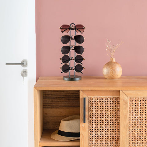 Mkono Sunglasses Organizer Glasses Holder Stand Sunglass Storage Eyeglasses Rack Metal Frame with Wood Base for 5 Pairs of Eyewear Display for Table