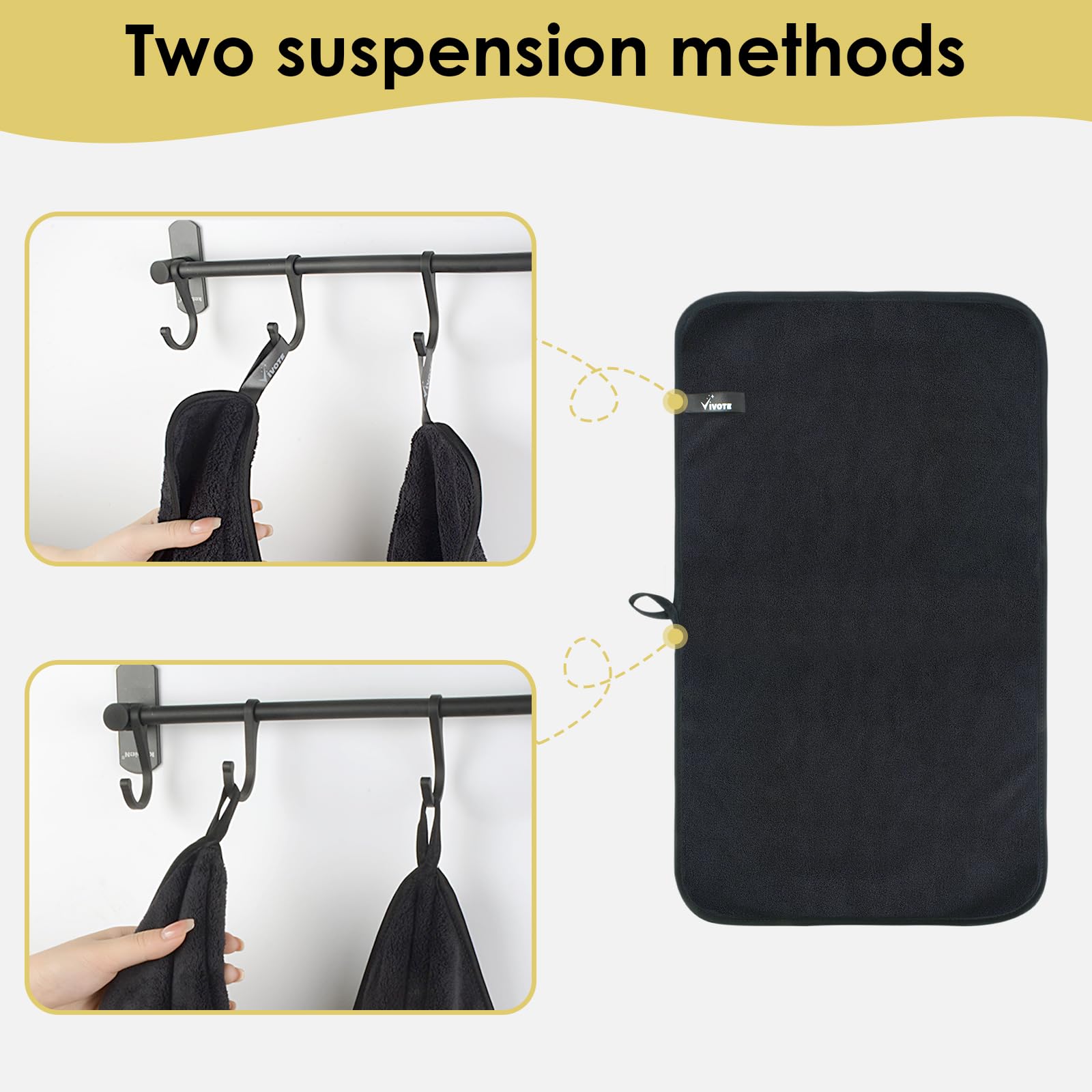 VIVOTE Black Hand Towel with Hanging Loop Small Hand Towels for Bathroom