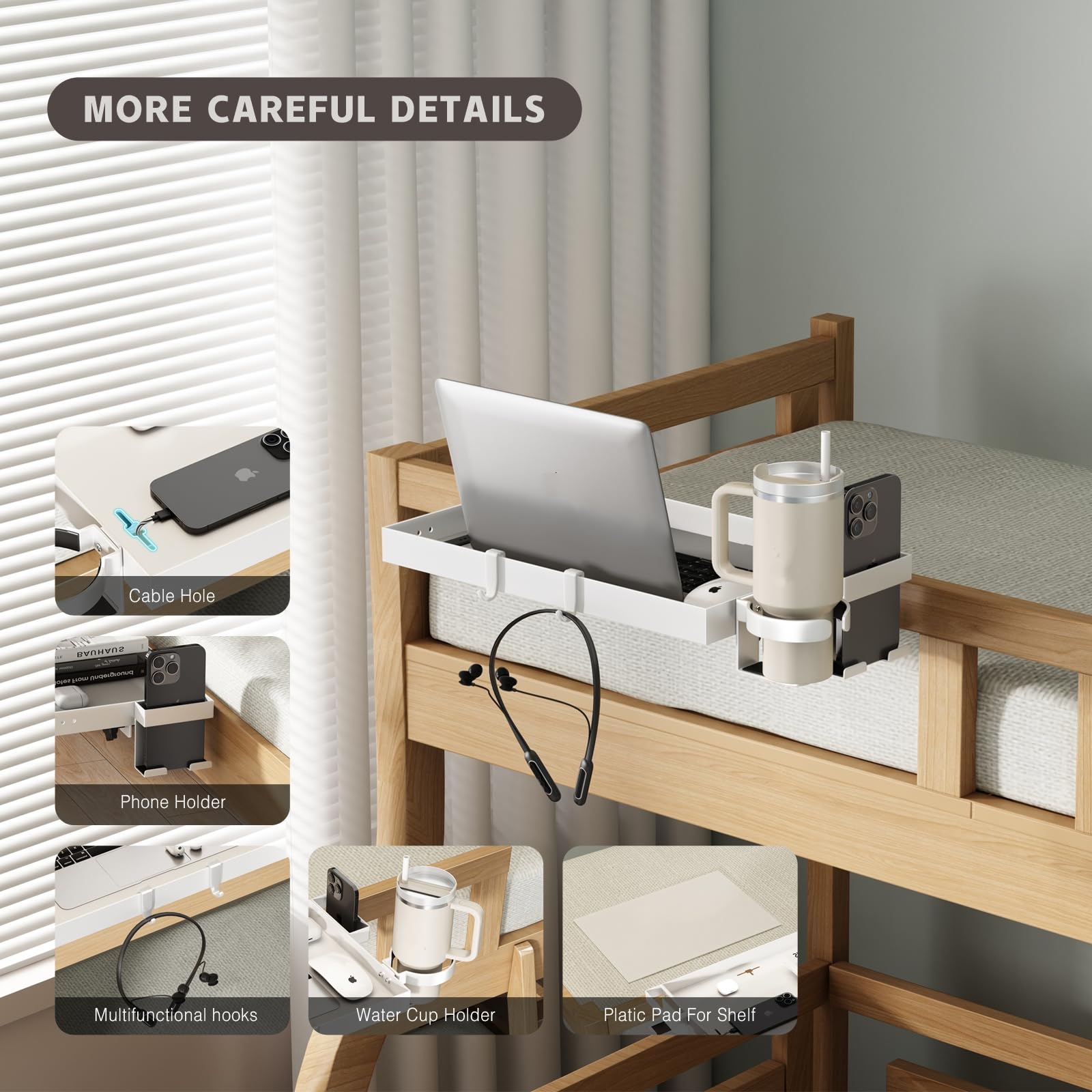 Magheo Bedside Shelf Metal, Clip-On Bunk Bed Shelf for Top Bunk, Heavy Duty Bed Side Table Tray for College Dorm Room Essential