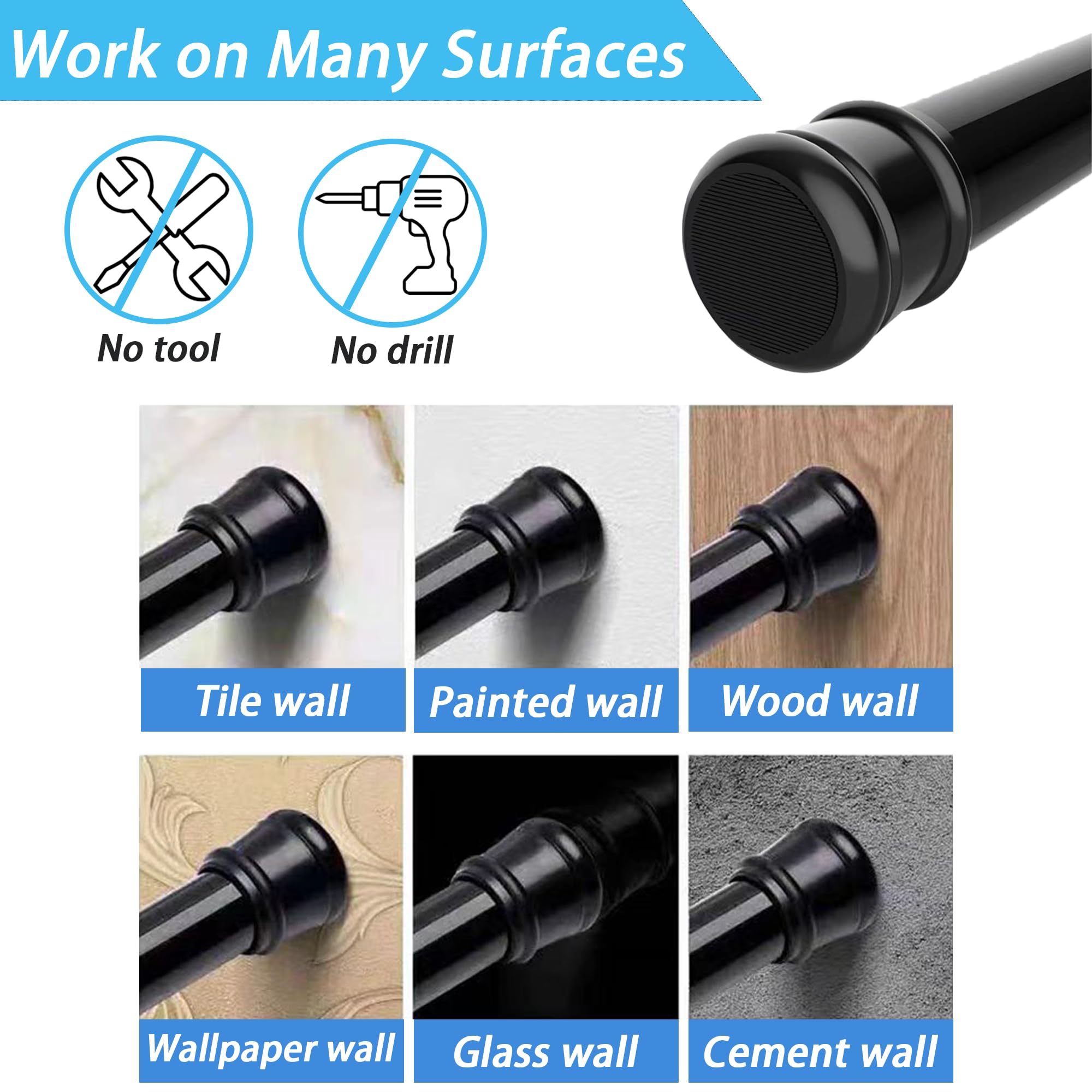 1PC Shower Curtain Pole Extendable No Drill Tension Rods for Curtains Extendable Curtain Poles Shower Curtain Railfor Bathroom, Window, Door