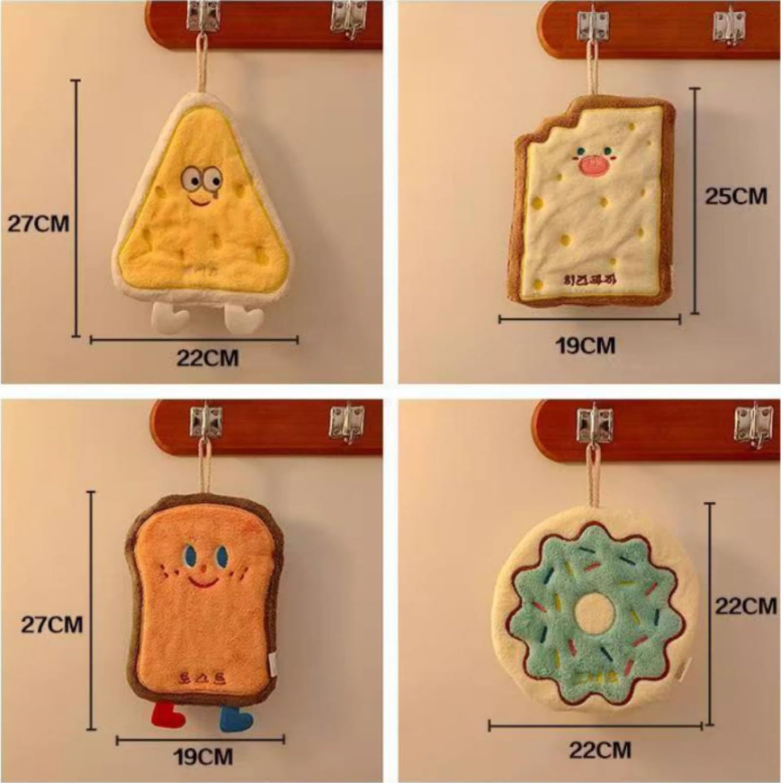 RevpoltIQ 4 Pcs Cute Hanging Hand Towels, Food Shape Cheese Toast Doughnuts Cracker with Cartoon Faces