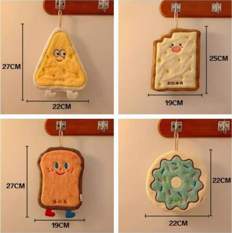 RevpoltIQ 4 Pcs Cute Hanging Hand Towels, Food Shape Cheese Toast Doughnuts Cracker with Cartoon Faces
