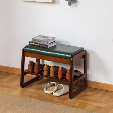SOBIBO Solid Wood Shoe Bench, 2-Tier Entryway Bench with Cushion and Flip-Open Storage Box, Mid-Century Modern Shoe Bench Rack for Hallway