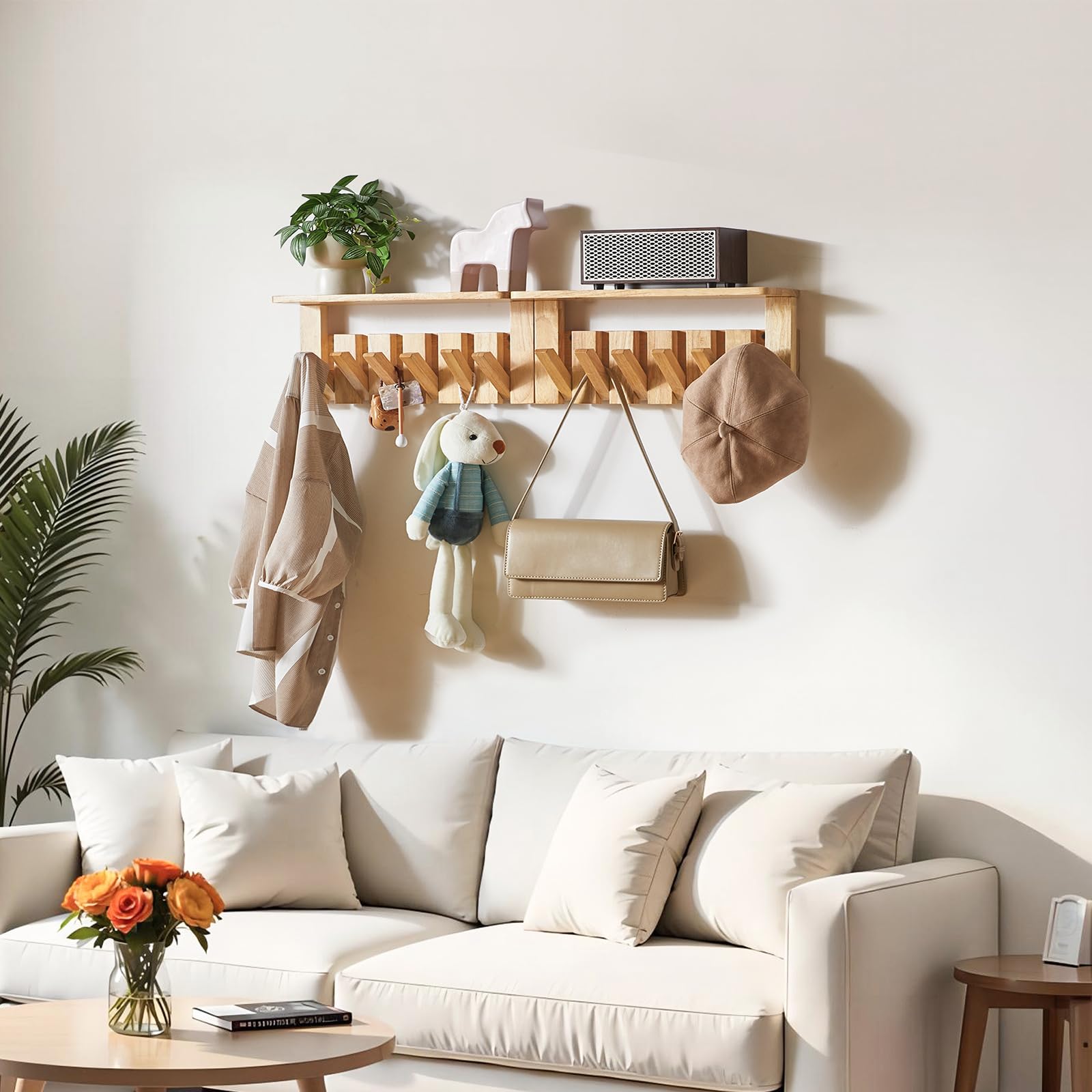 YMYNY Piano Key Coat Hooks Wall Mounted with Shelf, Natural, HWS008N