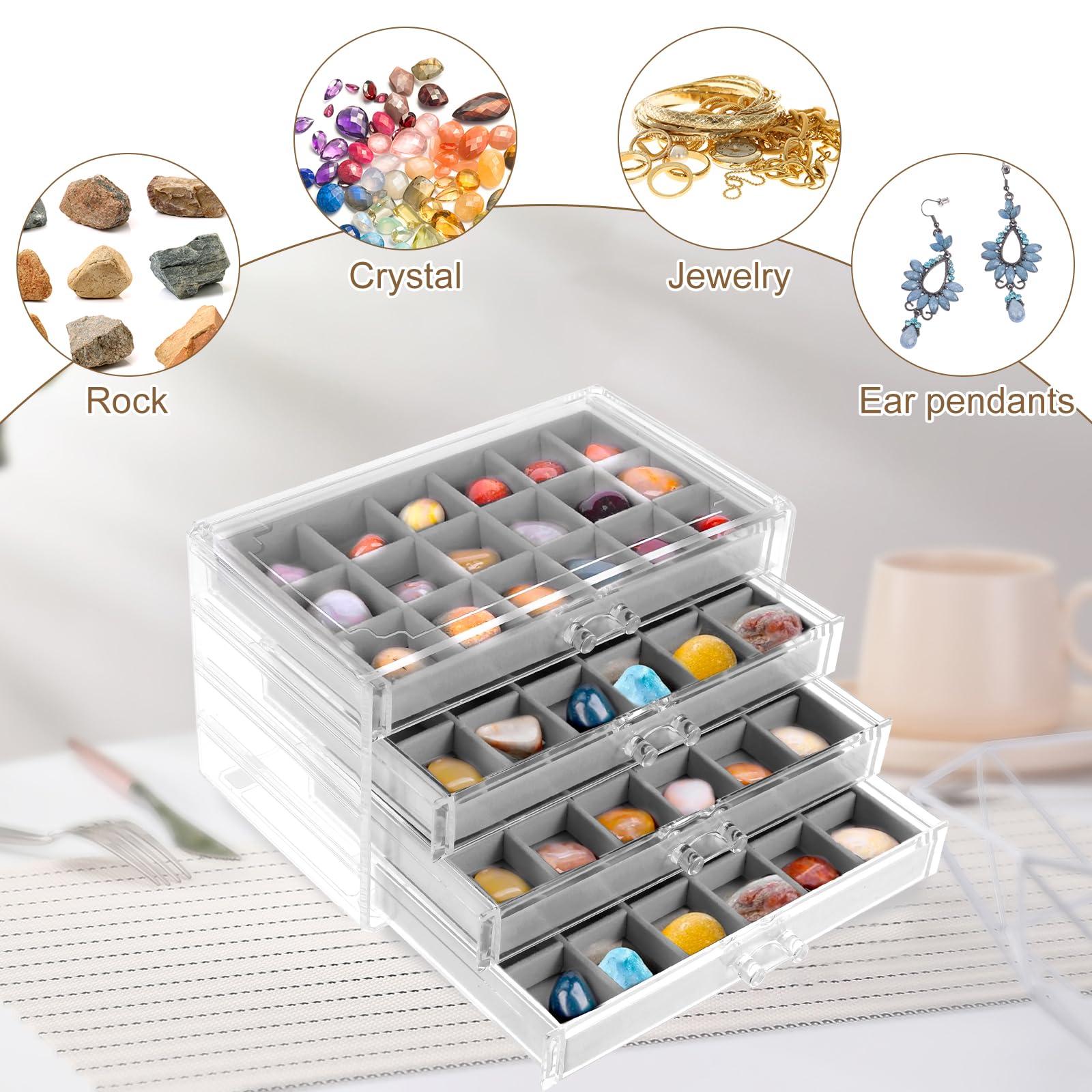 Rock Display Case ,4 Drawers Rock Collection Box 72 Grids Rock Collection Display Case Clear Crystals Display Case Gemstone Display Case Rock Case