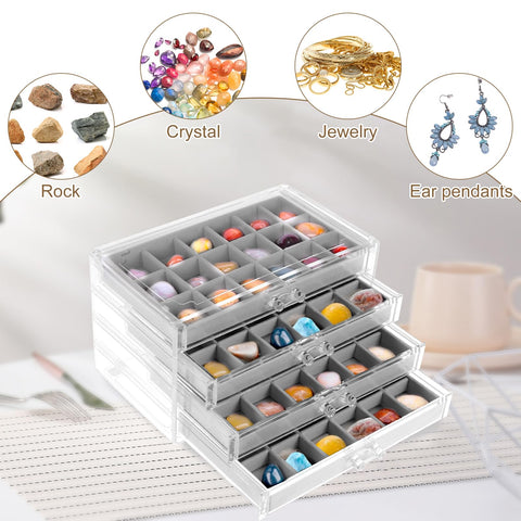 Rock Display Case ,4 Drawers Rock Collection Box 72 Grids Rock Collection Display Case Clear Crystals Display Case Gemstone Display Case Rock Case