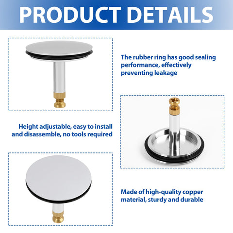 Tuwonwa Adjustable Pop-Up Bathtub & Basin Drain Plug, Copper & Rubber, 1.73 Inch (44mm), Silver