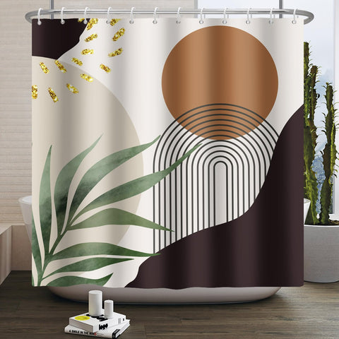 ASDCXZ Boho Shower Curtain 180x200 cm, Modern Abstract Boho Style Green Leaves Brown Sun Grey Black Bath Washable Shower Curtains Polyester Textile