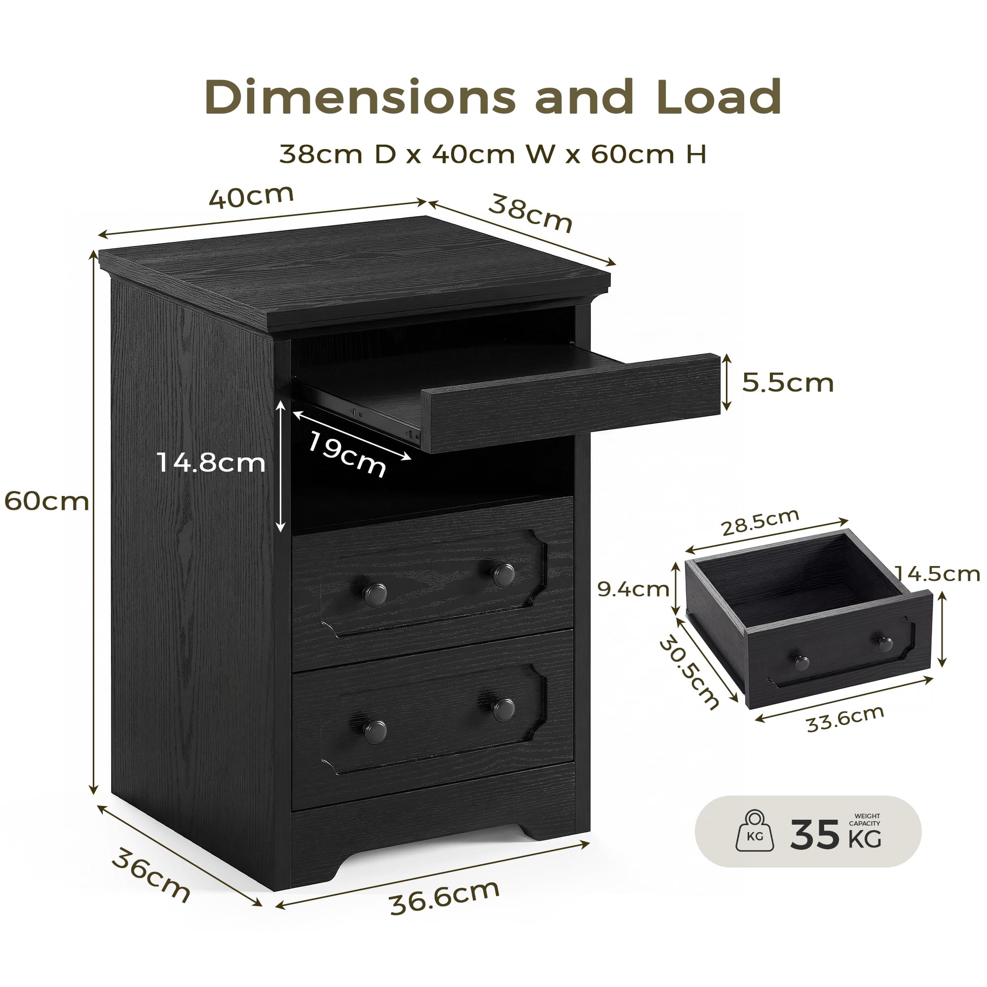 IRONCK Bedside Table with 2 Drawers, Modern Nightstand with Open Shelf, End Table with Pull-Out Tray for Bedroom, Living Room, Black