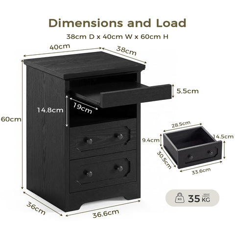 IRONCK Bedside Table with 2 Drawers, Modern Nightstand with Open Shelf, End Table with Pull-Out Tray for Bedroom, Living Room, Black