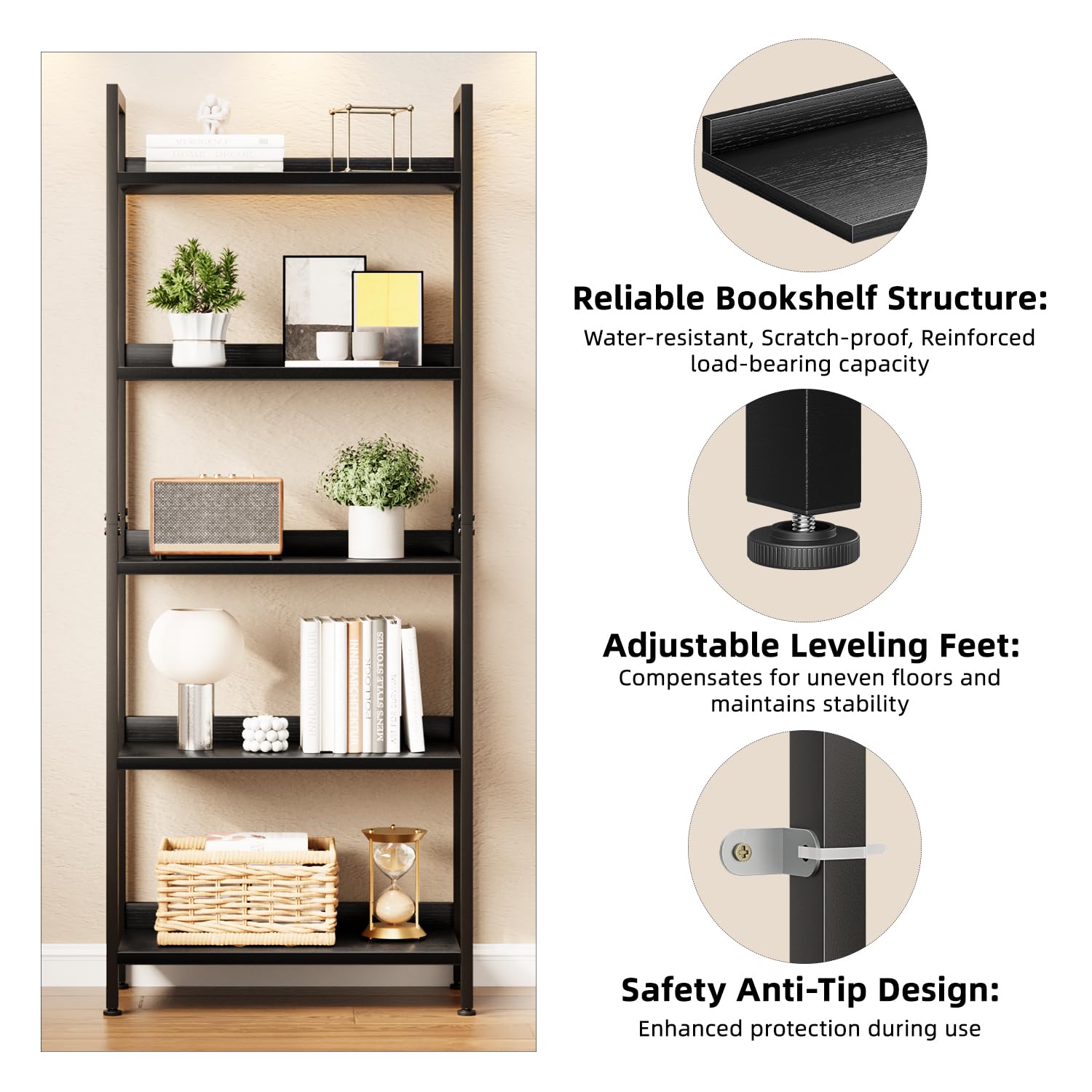 APPOLYN 5 Tier Bookshelf, Open-shelf Bookcase with Backboard, Black
