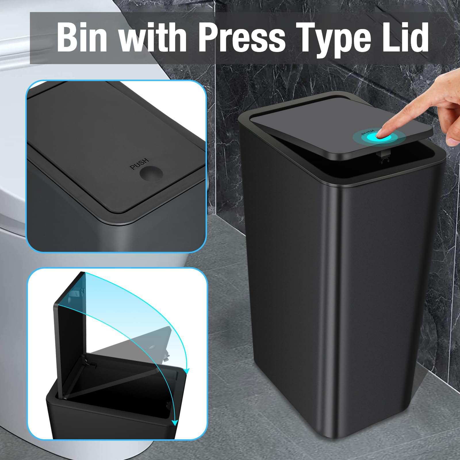 2Pack Bathroom Bin with Lid, Push Button Thin Toilet Bin, Plastic Dog Proof Slim Trash Can for Bedroom Office Living Room Kitchen, 10 Liter Capacity