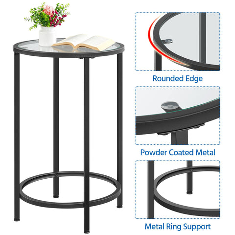 Yaheetech Round Glass Side Table with Metal Frame, Black
