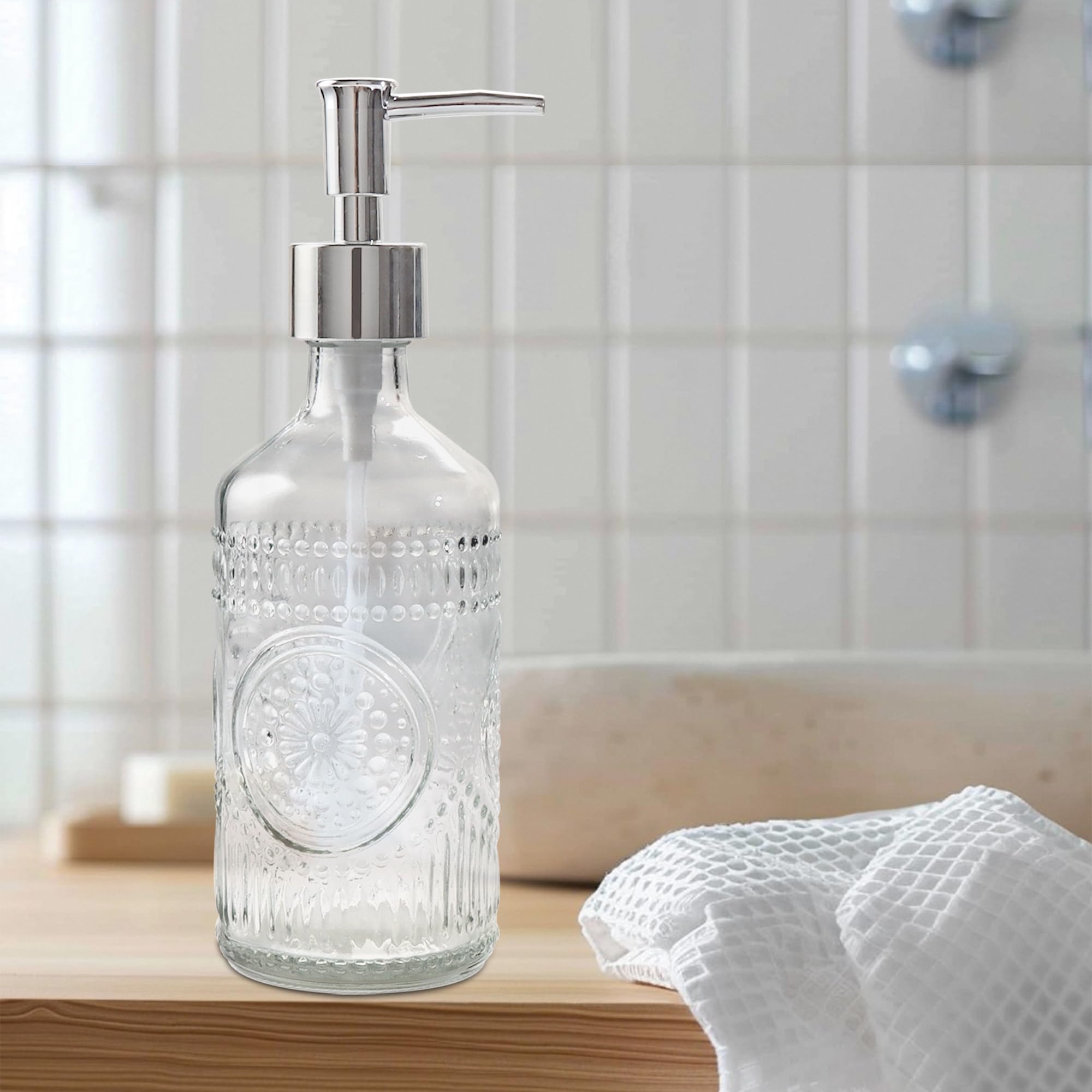 FEILANDUO 3Pcs Glass Bathroom Accessories Set, Lotion & Soap Dispenser, Toothbrush Holder, Soap Dish, Modern Bathroom Countertop Decor for Home