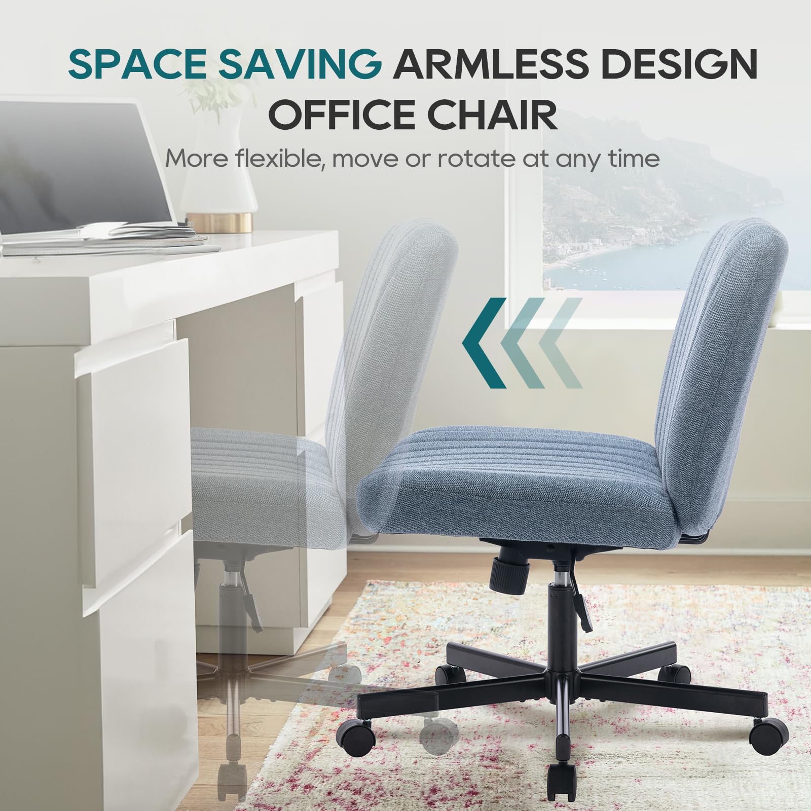 COLAMY Wide Office Chair, Padded Armless Task Vanity Chair Swivel Home Office Desk Chair 115°Rocking Mid Back Ergonomic Computer Chair for Home