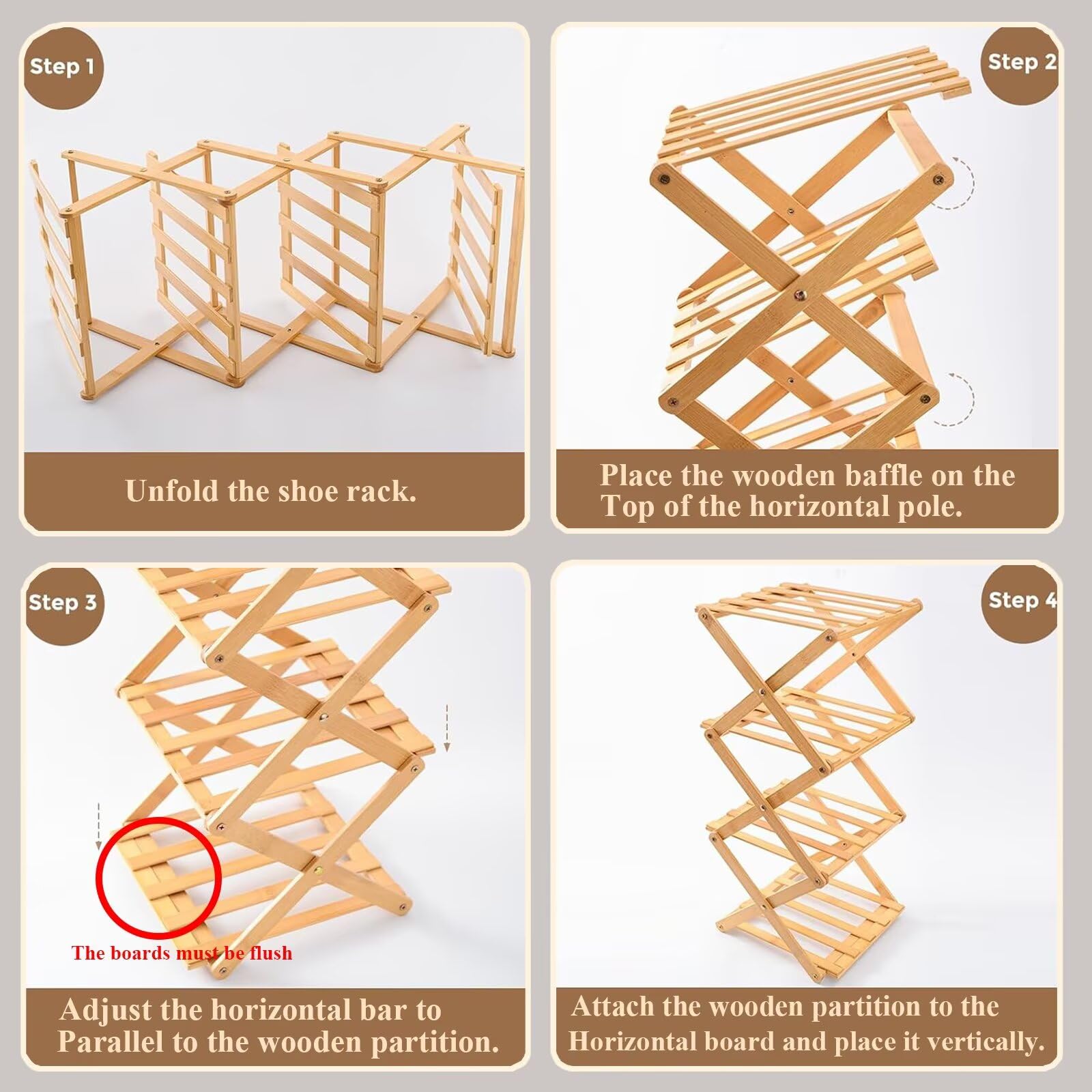 Tielag Vertical Shoe Rack Folding 4 Tier, Narrow Shoe Storage Rack, Bamboo Shoe Shelf, Tall Shoe Stand, Without Installation