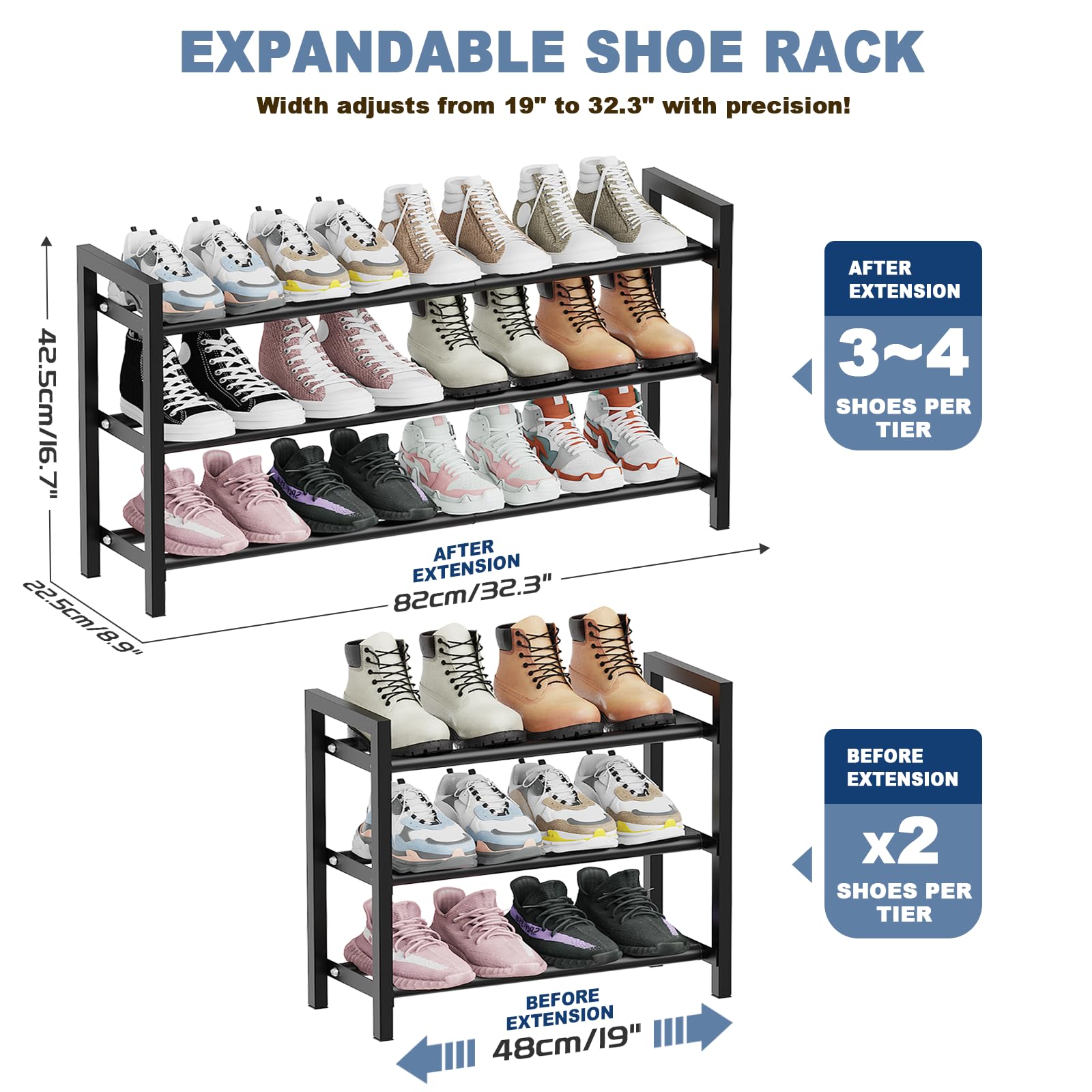 3 Tier Expandable Shoe Rack, Adjustable Metal Shoe Storage Organizer