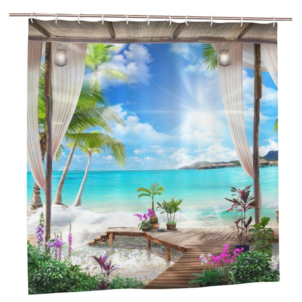YUAOEUR 3D Landscape Garden Shower Curtain 79X72 Inch Nature Scenery Sunset at Lake View Spring Flowers Green Grass Scenery Bathroom Decoration