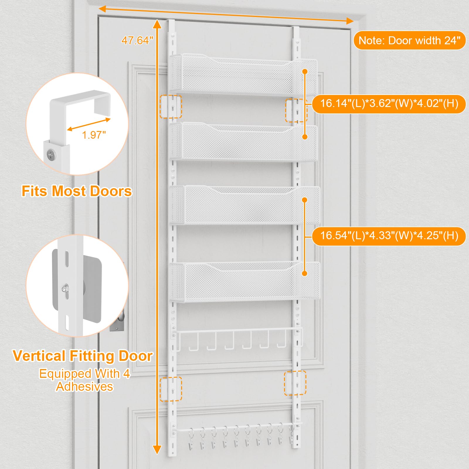 Over the Door Organizer, 2 in 1 Metal Hanging Closet Organizer & Hat Rack with 4 Adjustable Baskets, 8 Hooks, 10 Clips