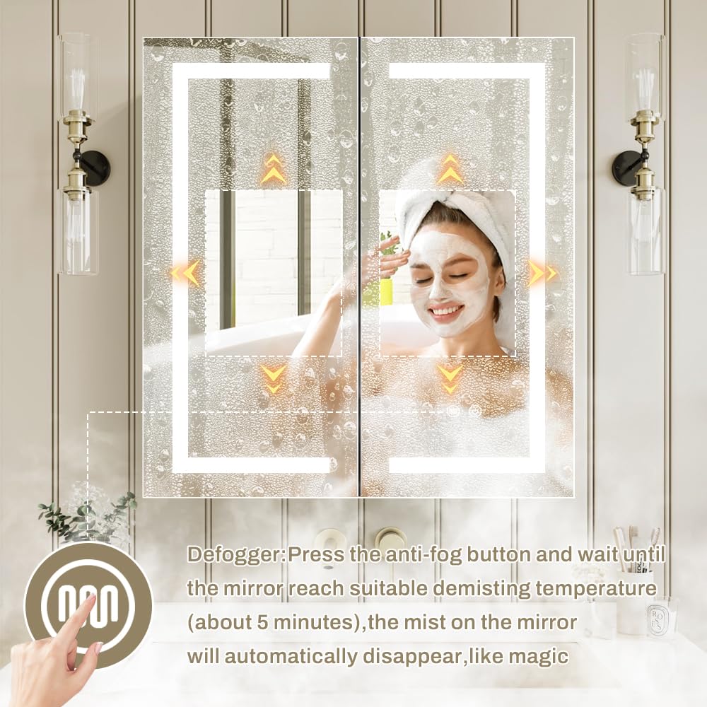 Janboe LED Mirror Cabinet,Bathroom Mirror Cabinet with Lights,76cm×81cm,Equip with Internal Light,Aluminum Construction,USB Shaver Socket,3