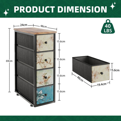 MUTUN Narrow 4 Drawers Chest Dresser, Bedroom Fabric Storage Drawer with Wood Top, Slim Cupboard Nightstand End Table Organizer Unit for Bathroom