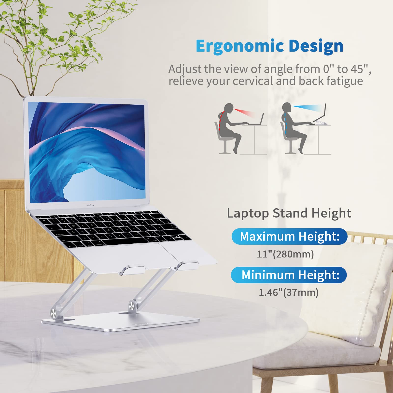 GOKEDA Laptop Stand, Ergonomic Aluminium Alloy Computer Stand for desk, Multi-Angle Adjustable Laptop Riser with Heat-Vent Compatible for Macbook