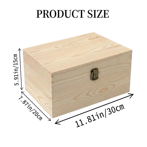 Lyyozwo Unfinished Wooden Box with Lid, Pine Wood Small Wood Crate Boxes, 30 x 20 x 15 cm Wooden Box with Hinged Lid & Locking Clasp for Home Table