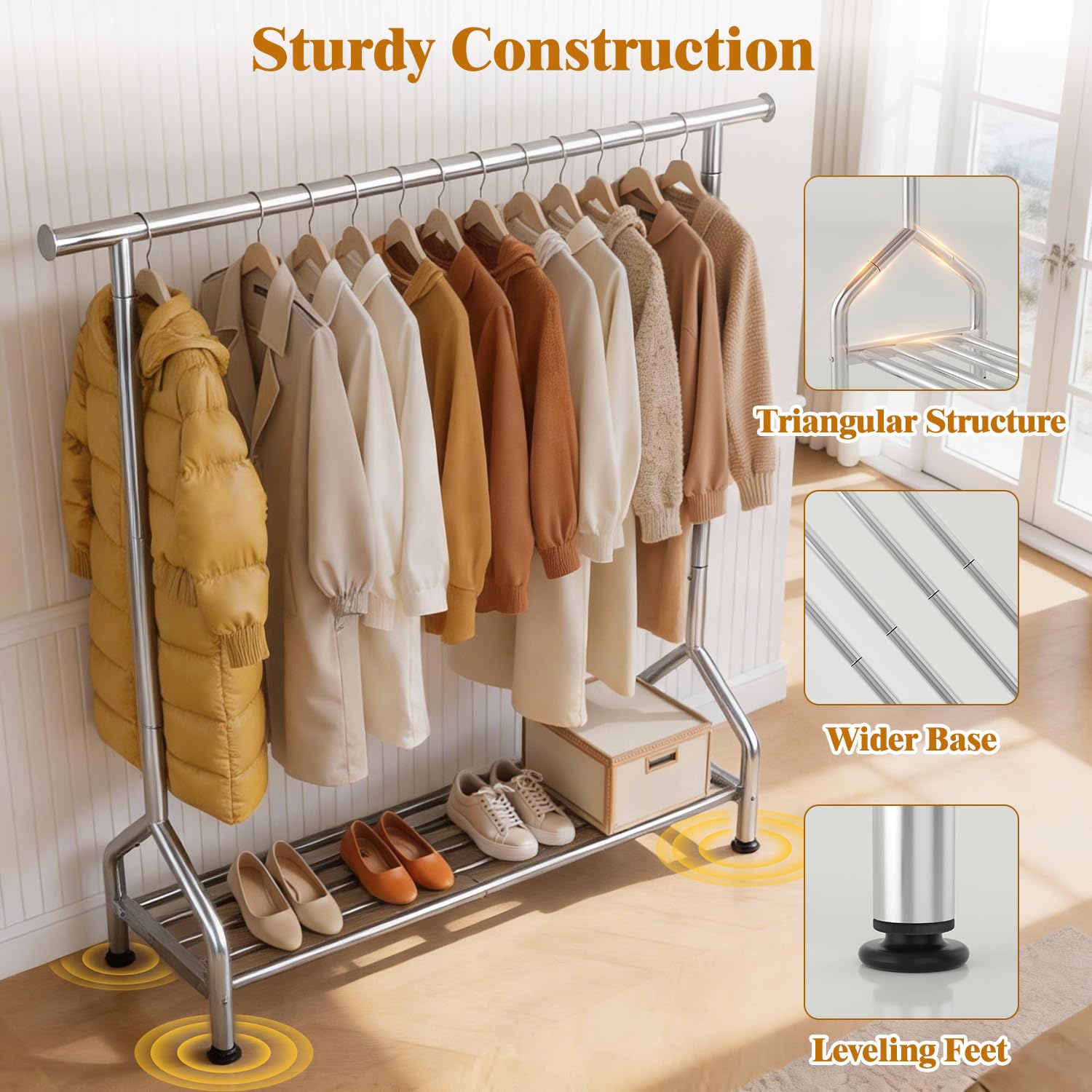 EAGMAK Metal Clothes Rail with Shelf for Hanging Clothes, Sturdy Freestanding Clothes Hanging Rail for Wardrobe & Bedroom Clothing Storage, Silver