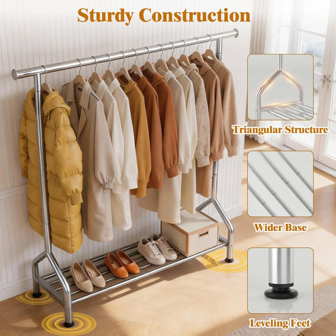 EAGMAK Metal Clothes Rail with Shelf for Hanging Clothes, Sturdy Freestanding Clothes Hanging Rail for Wardrobe & Bedroom Clothing Storage, Silver