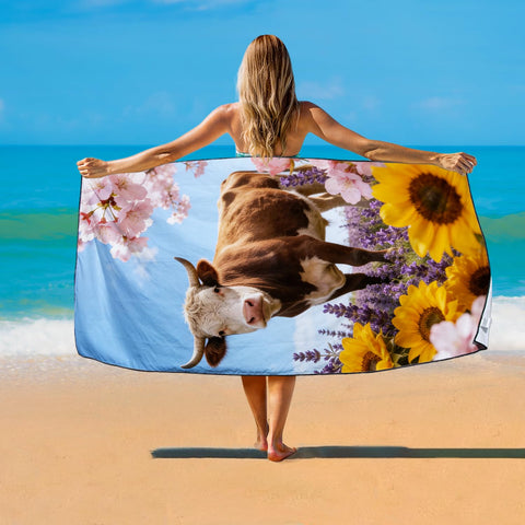 Violetpos Cow in Sunflowers & Lavender Beach Towel, Extra Large 180x90 cm 250GSM Microfibre, Sand Free Quick Dry