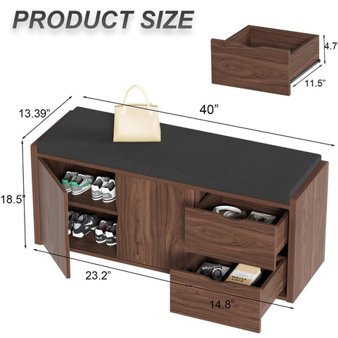 LVB Entryway Storage Bench with Padded Seat Cushion, Wood Hidden Shoe Organizer Bench with 2 Drawers Cabinet
