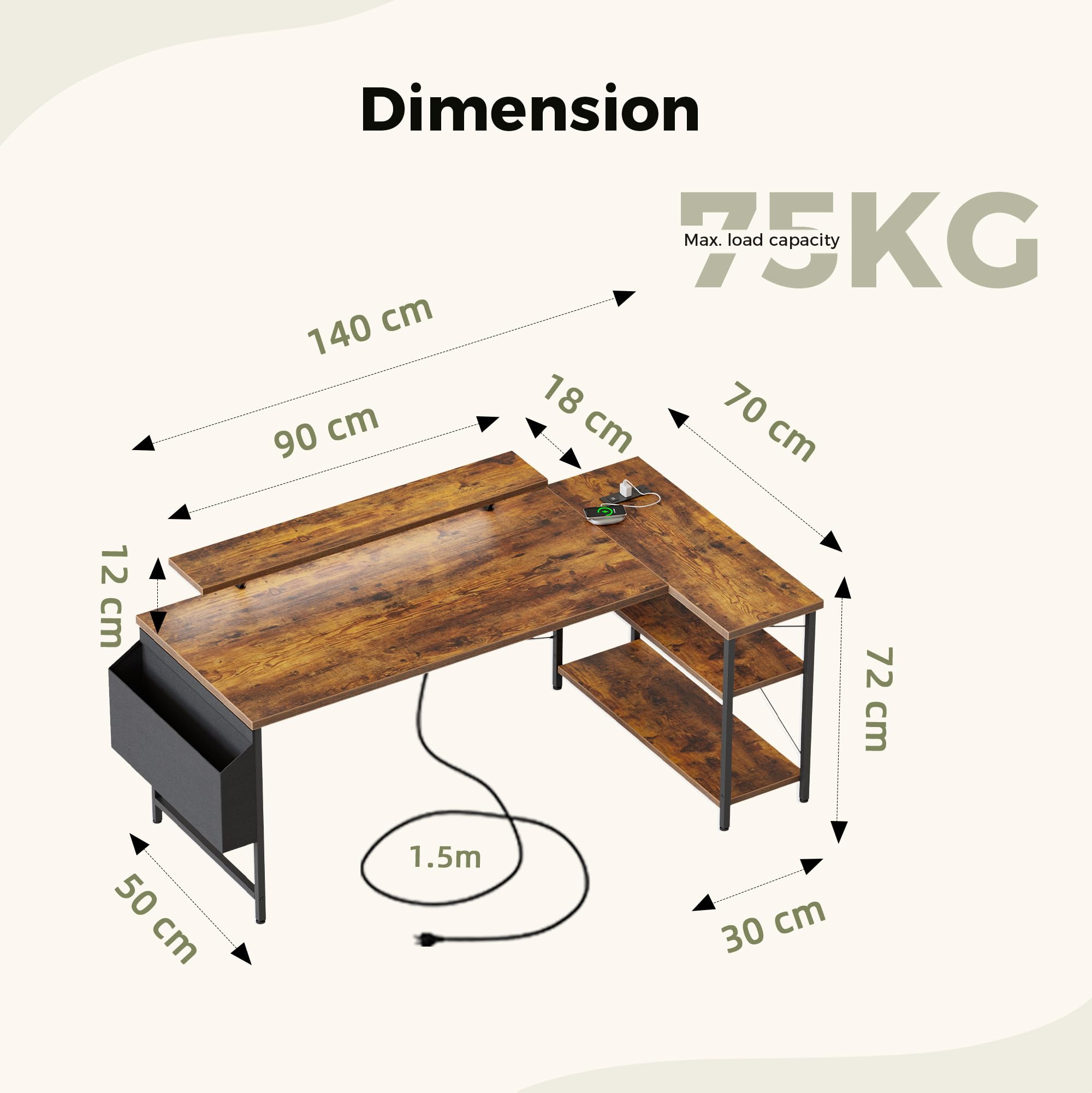 Mericonia Corner Desk, w. Monitorstand & Built-in Socket, 140x70cm, Brown
