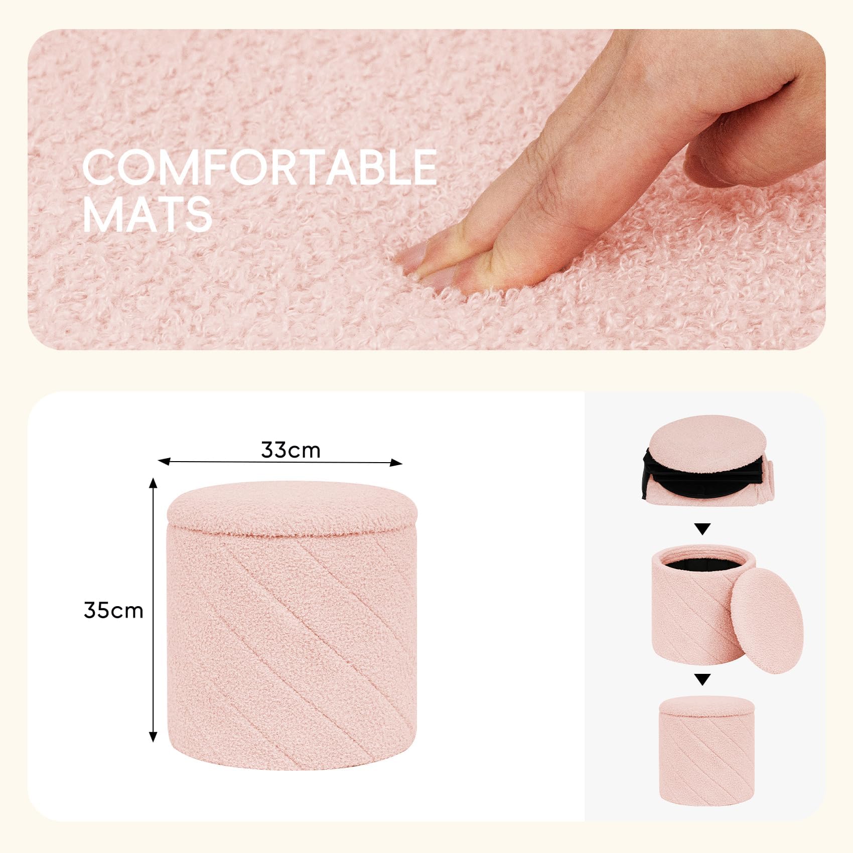 PINPLUS Round Ottoman Storage Box, Folding Stool, Pink, 33x33x35 cm