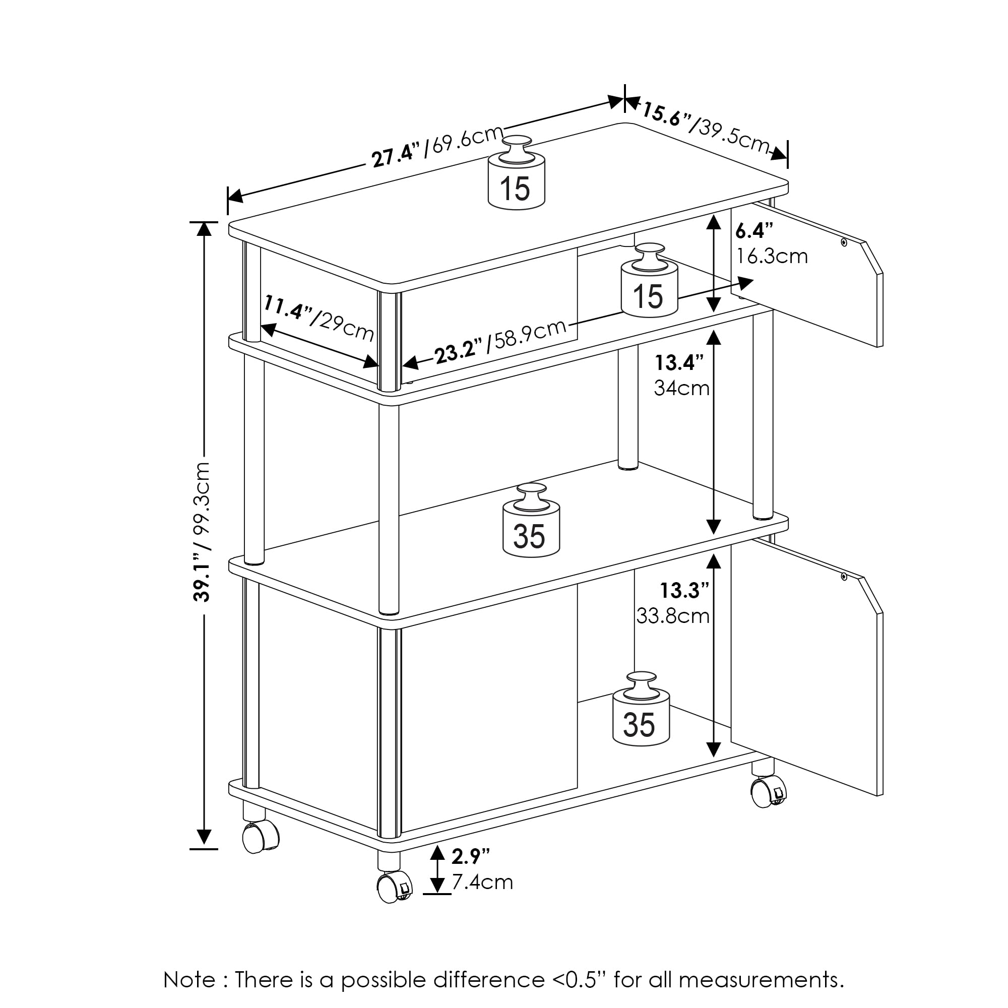 Furinno TURN-N-TUBE Printer Stand with Storage, 4-Tier Printer Table with with Storage Cabinet and Casters, Open Frame Standing Shelf, for CPU
