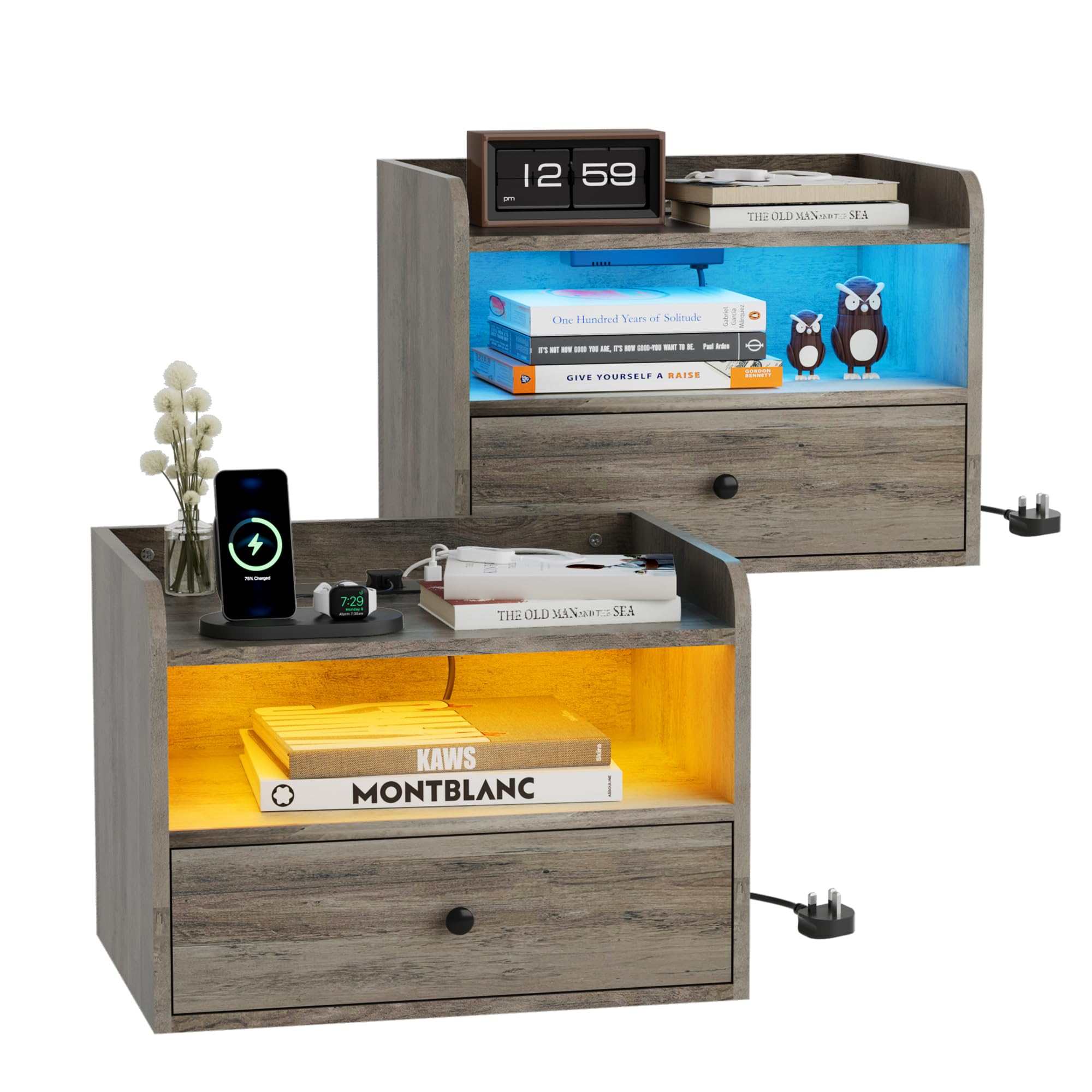 BonVache Set of 2 Floating Bedside Tables, Multi-Function Adjustable Lighting and Charging Station, Floating nightstand with Open Shelf and Drawer