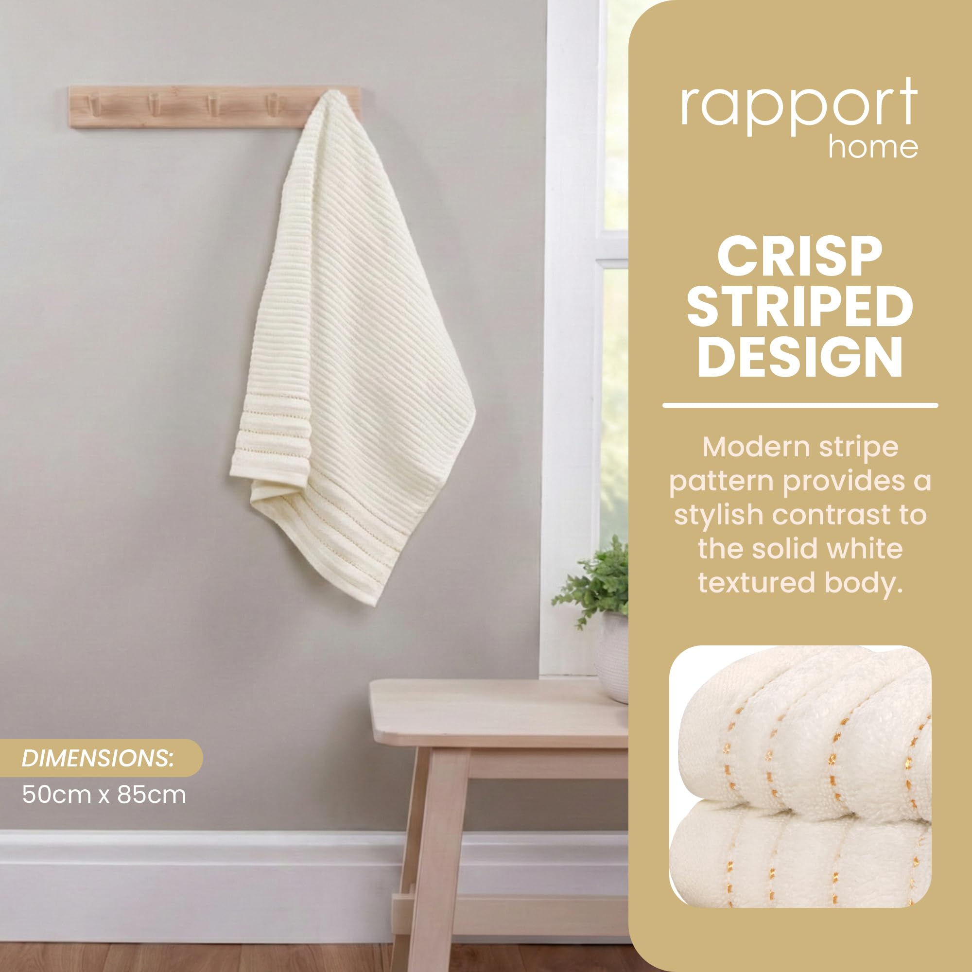 Rapport Home 2-Pack Linear Hand Towels | 50x85cm 100% Cotton 500GSM | Absorbent & Soft Bathroom Towel Set | Oeko-Tex Certified | Ivory Cream