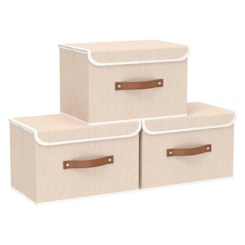 Yawinhe Collapsible Storage Boxes with Lids,38x25x25cm,Beige,3-Pack